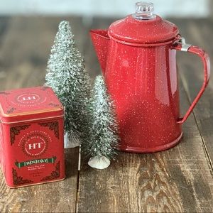 Red enamel coffee pot/percolator H- 9 1/2” tea tin/storage farmhouse cottagecor